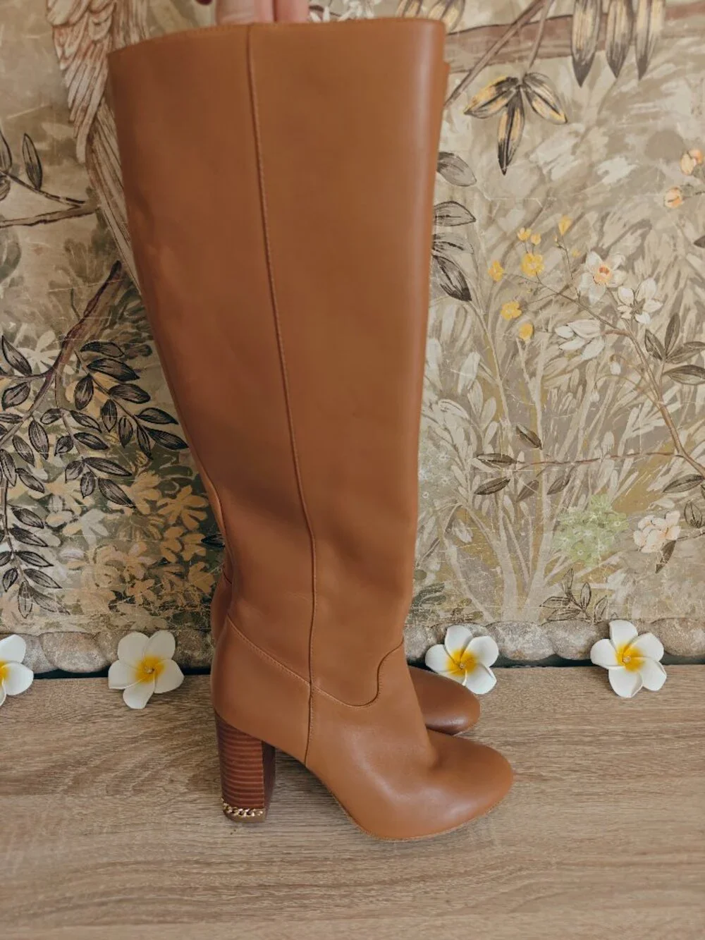 MICHAEL Michael Kors Sabrina Tan Leather Chain Heel Knee High Boots Sz 5.5